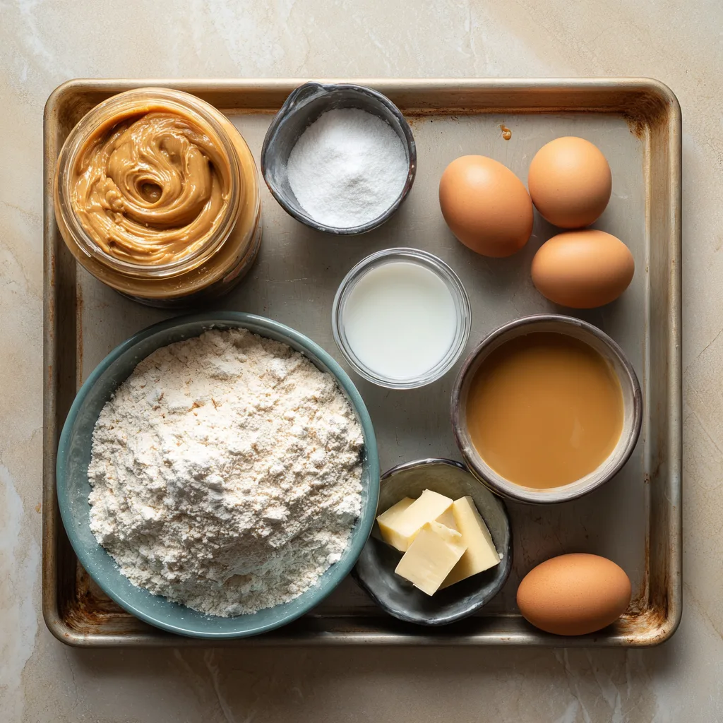 Ingredients for thick peanut butter drop cookies laid out on a counter (Pb Cookies)