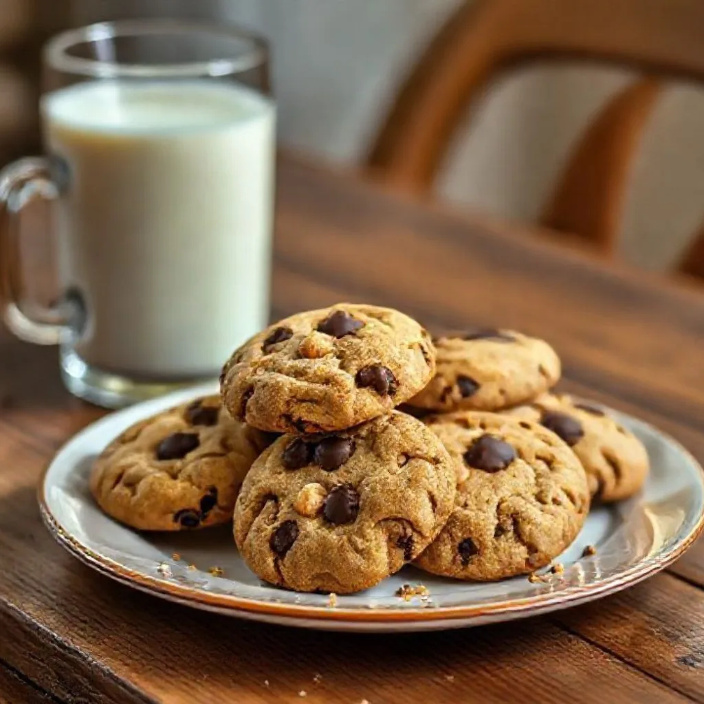Peanut Butter Chocolate Chip Cookies: The Ultimate Peanut Butter Cookies That Never Disappoint! 5 Peanut Butter Chocolate Chip Cookies served with milk.