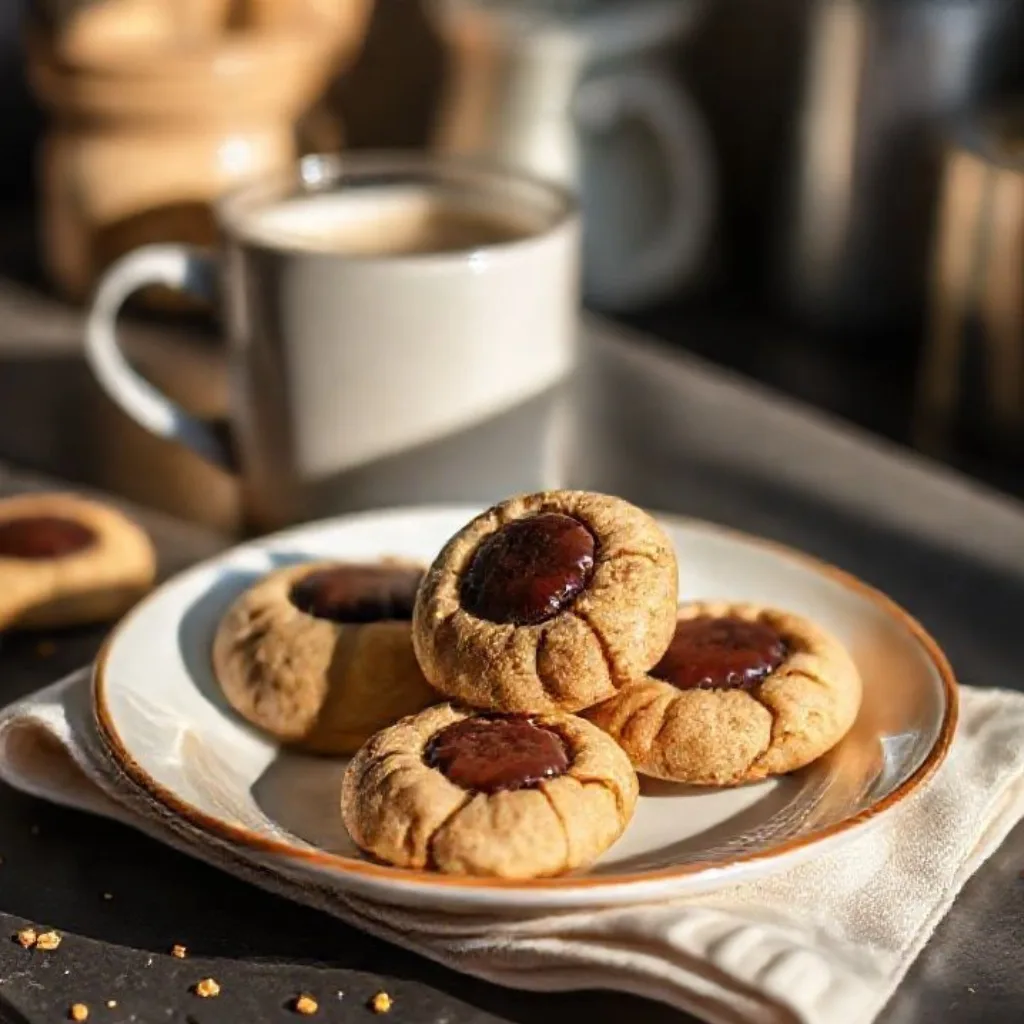 Serving plate of Peanut Butter Thumbprint Cookies with warm drink.