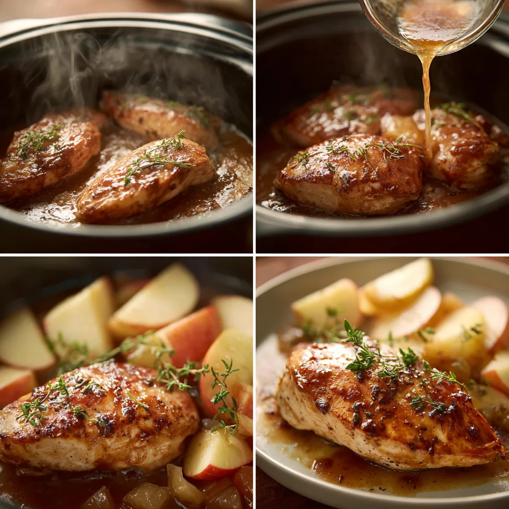 Apple Cider Glazed Chicken Crockpot Bliss: Sweet, Tangy, and Oh-So-Easy! | Chicken Crockpot Recipes 3 Step-by-step Apple Cider Glazed Chicken cooking process in 4 panels.