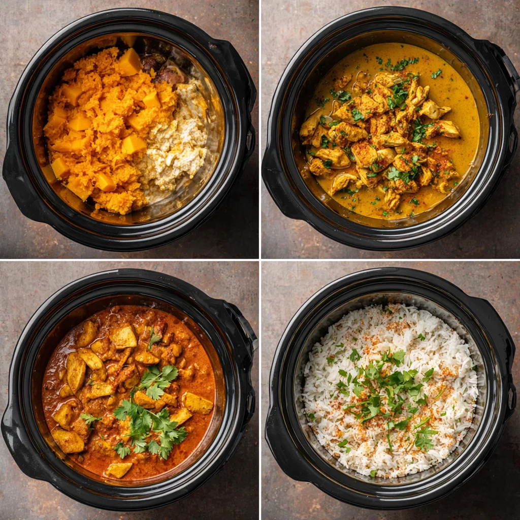 Step-by-step process of making Pumpkin Curry Chicken Crockpot in a crockpot.