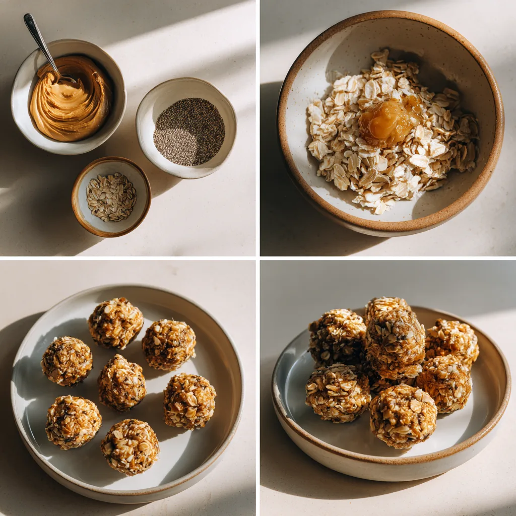 Step-by-step making Cottage Cheese & Peanut Butter Bites in 4 panels
