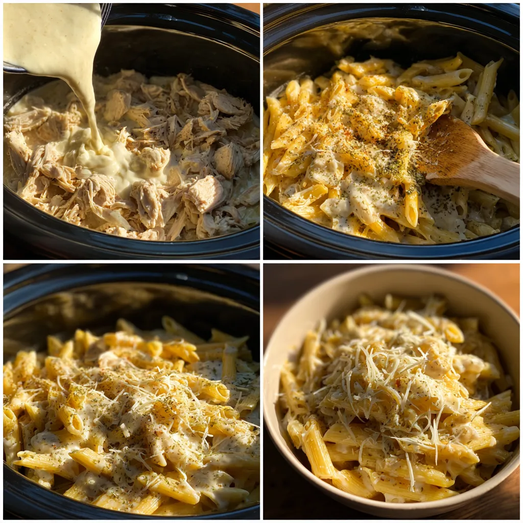 Chicken Alfredo Crockpot Pasta: Creamy Chicken Crockpot Recipes You’ll Love 3 Step-by-step process of making Chicken Alfredo Crockpot Pasta in four images.