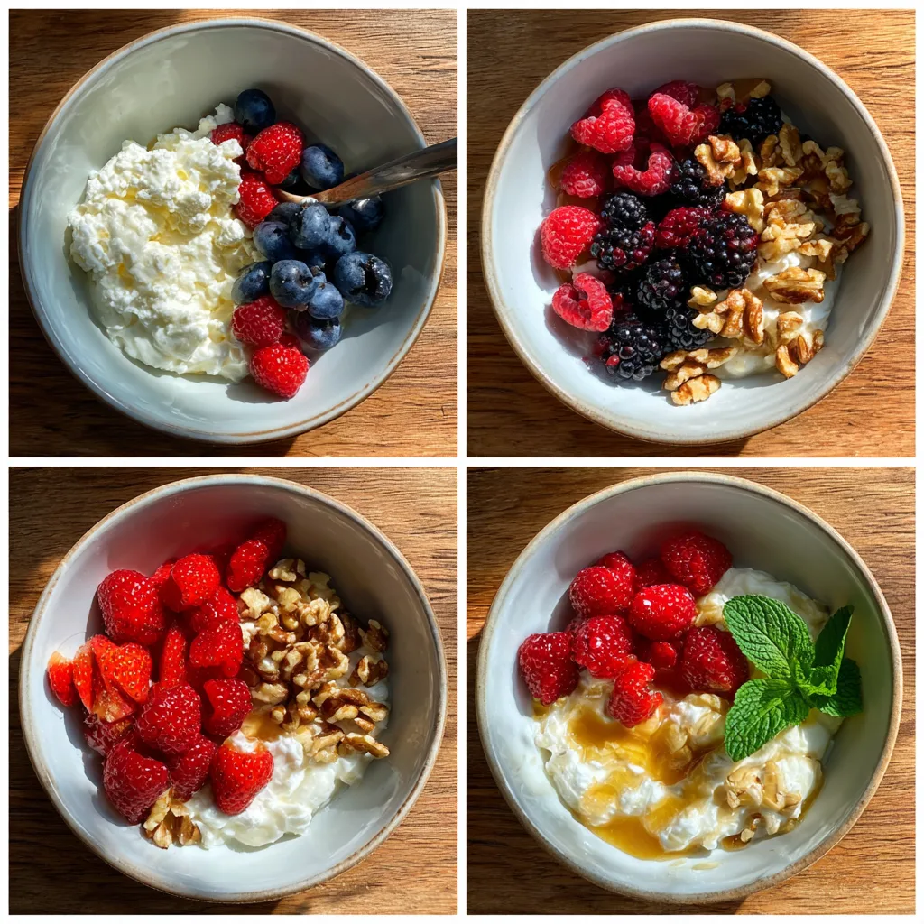 Step-by-step how to make a Cottage Cheese Breakfast Bowl with berries and nuts.
