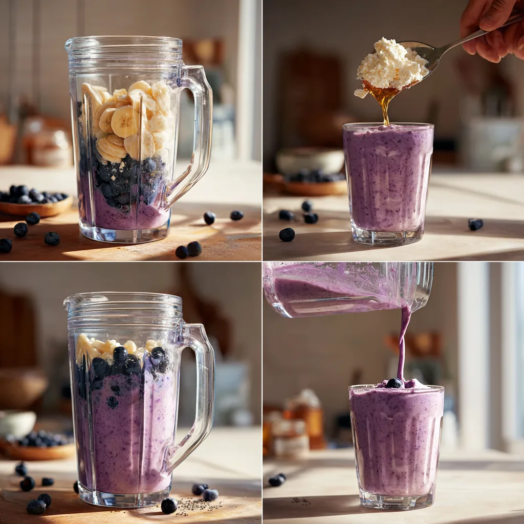 Step-by-step 4-panel showing how to make a blueberry cottage cheese smoothie
