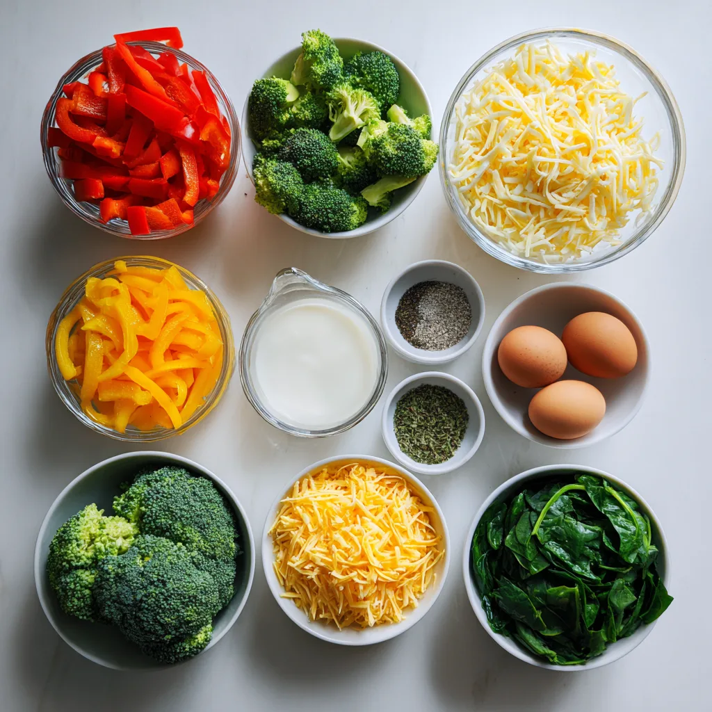 Ingredients for Overnight Veggie & Cheese Casserole arranged on table