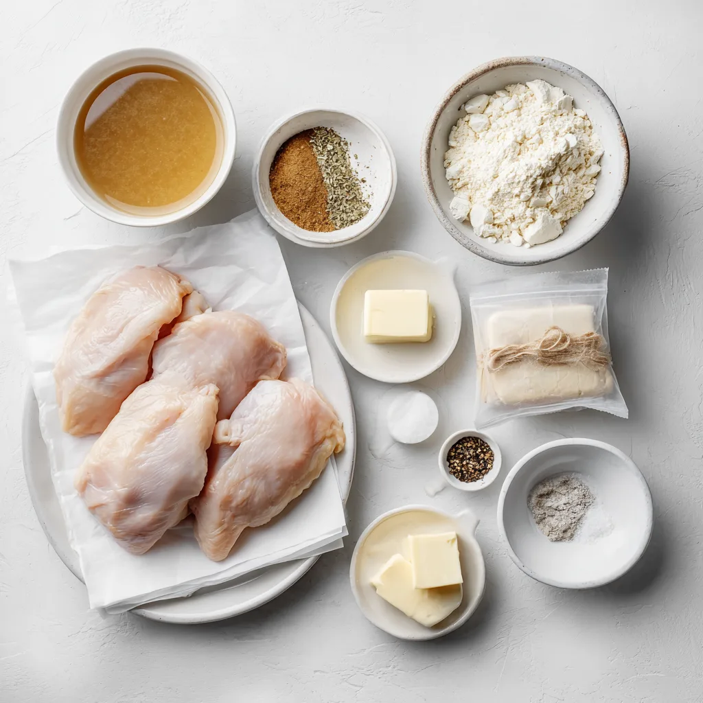 Slow Cooker Chicken and Gravy ingredients laid out on white background