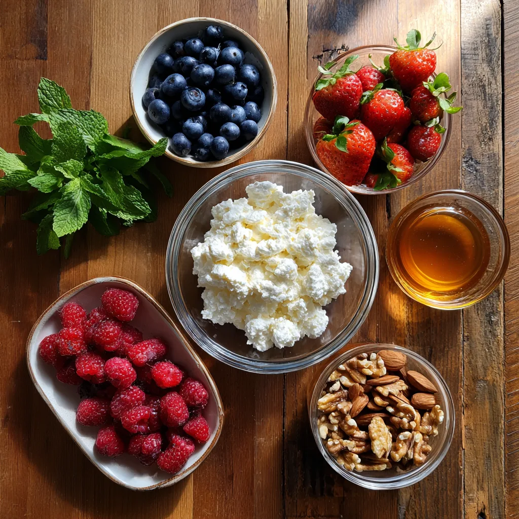 Ingredients for a Cottage Cheese Breakfast Bowl with fresh berries, nuts, and honey.