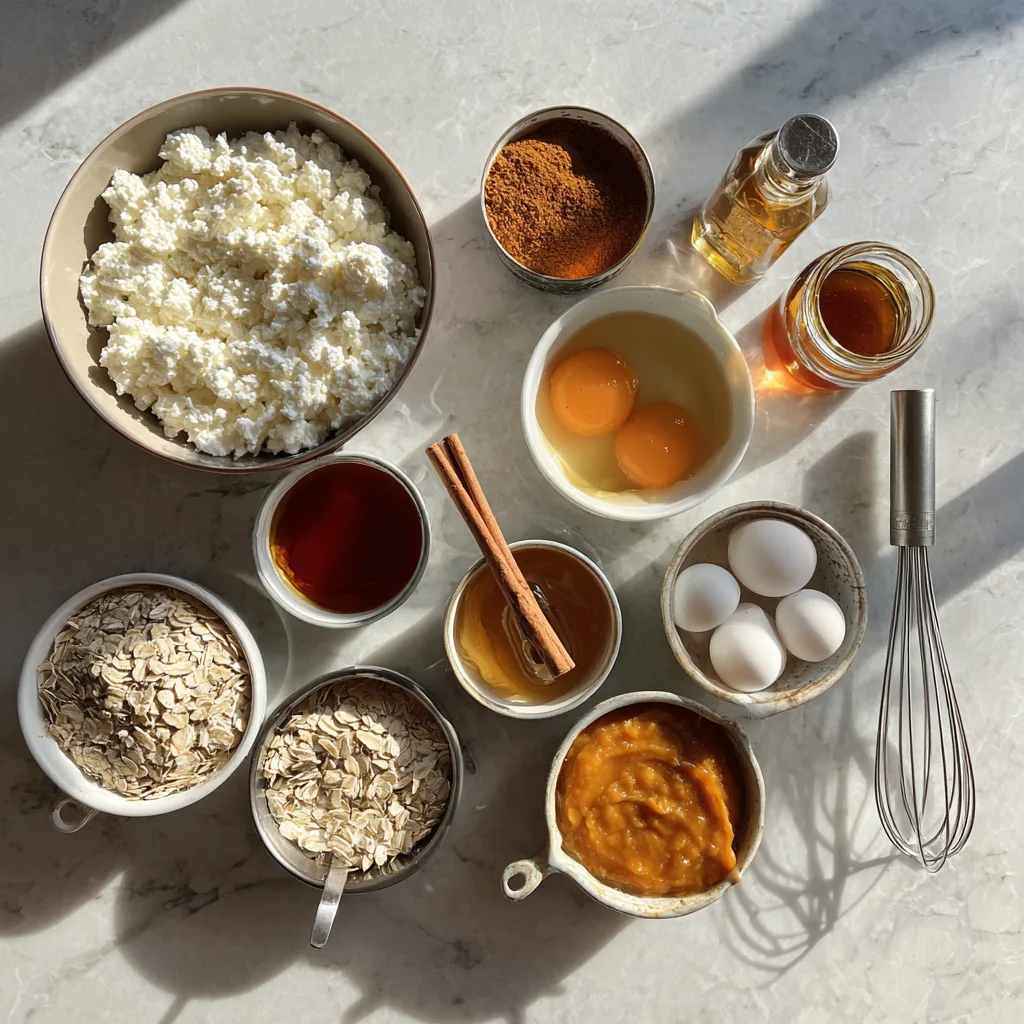 Cottage Cheese Pumpkin Bake | Best Cottage Cheese Recipes for Autumn 2 Ingredients for Cottage Cheese Pumpkin Bake laid out neatly on a kitchen counter.