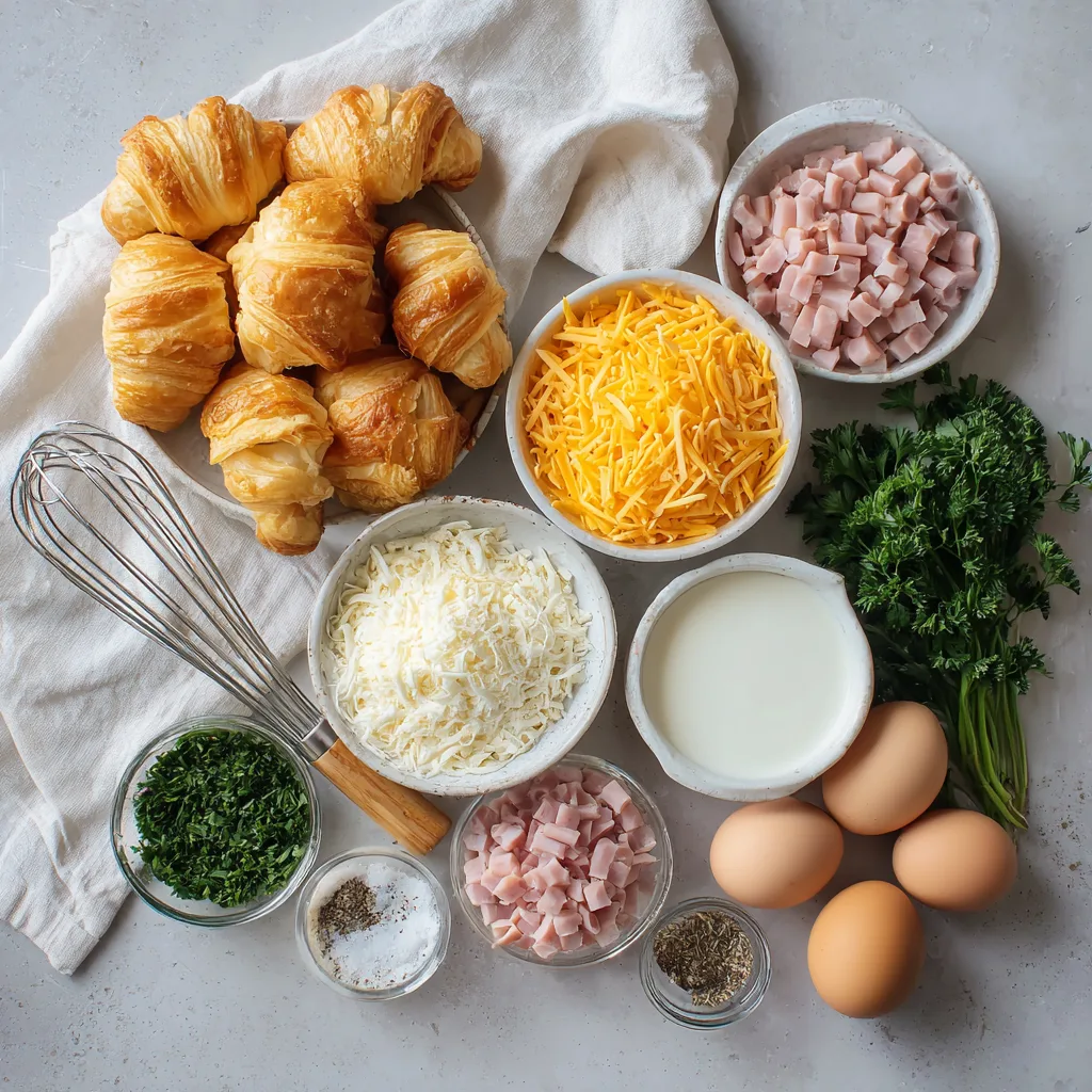 Ingredients for Overnight Croissant Breakfast Casserole on kitchen counter