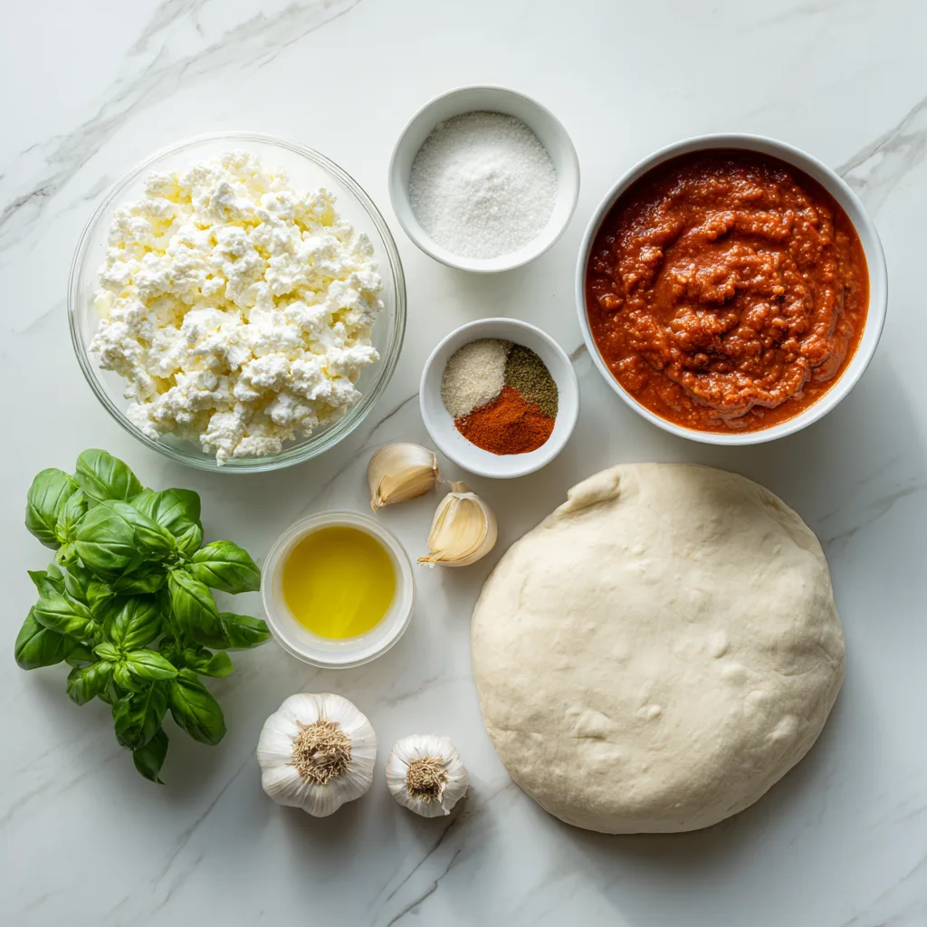 Pizza Cottage Cheese Bake: A Cheesy Twist on Healthy Comfort Food 2 Ingredients for Pizza Cottage Cheese Bake including cottage cheese, mozzarella, tomato sauce, and herbs.