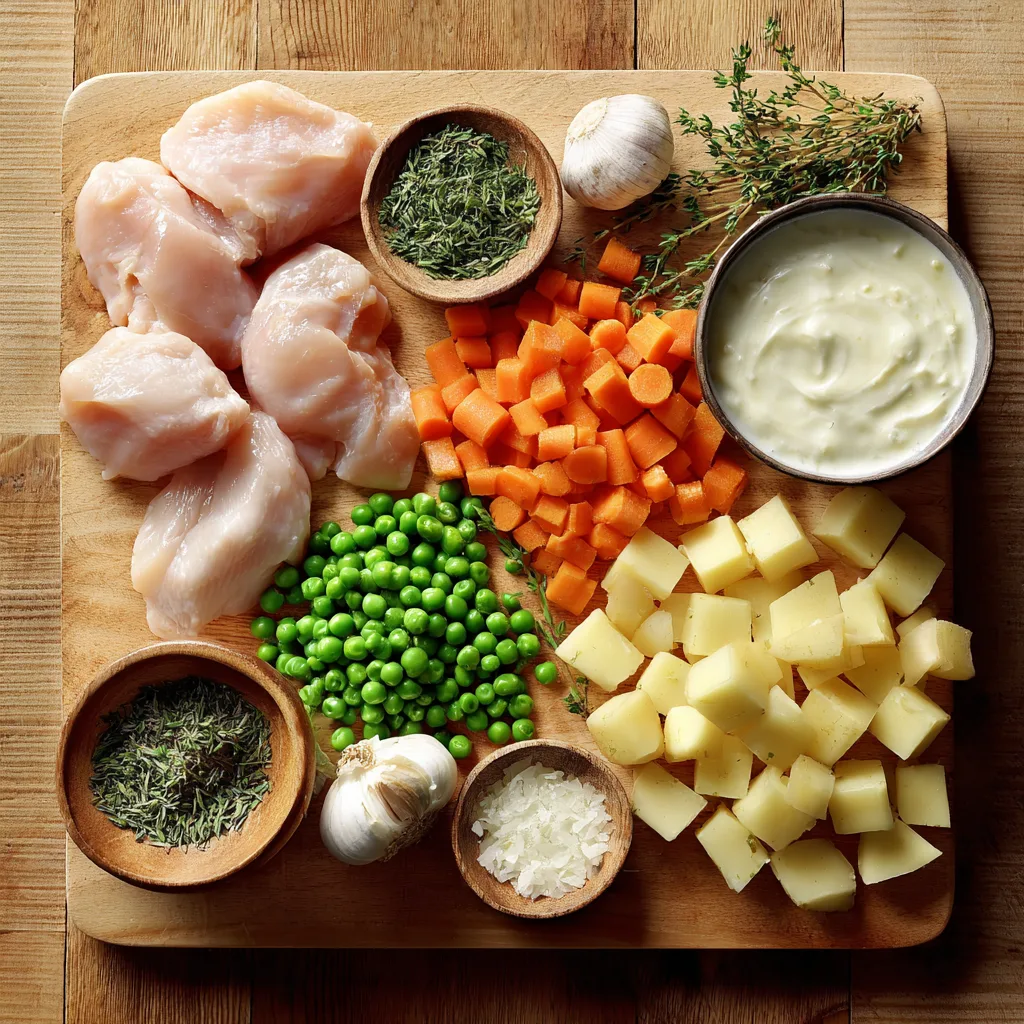 Slow Cooker Chicken Pot Pie Stew served warm with tender chicken and vegetables.