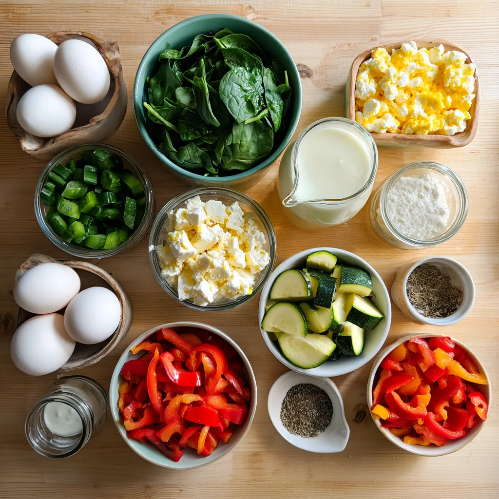 Ingredients for Vegetable & Feta Breakfast Casserole including spinach, peppers, feta, and eggs