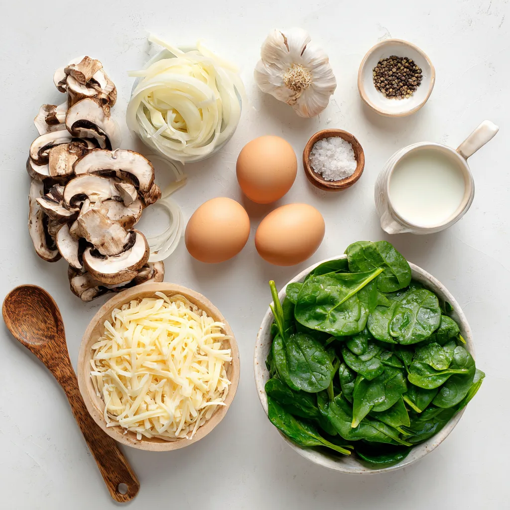 Spinach & Mushroom Egg Casserole: The Ultimate Savory Breakfast Casserole 2 Fresh ingredients for spinach and mushroom egg casserole including spinach, eggs, and mushrooms