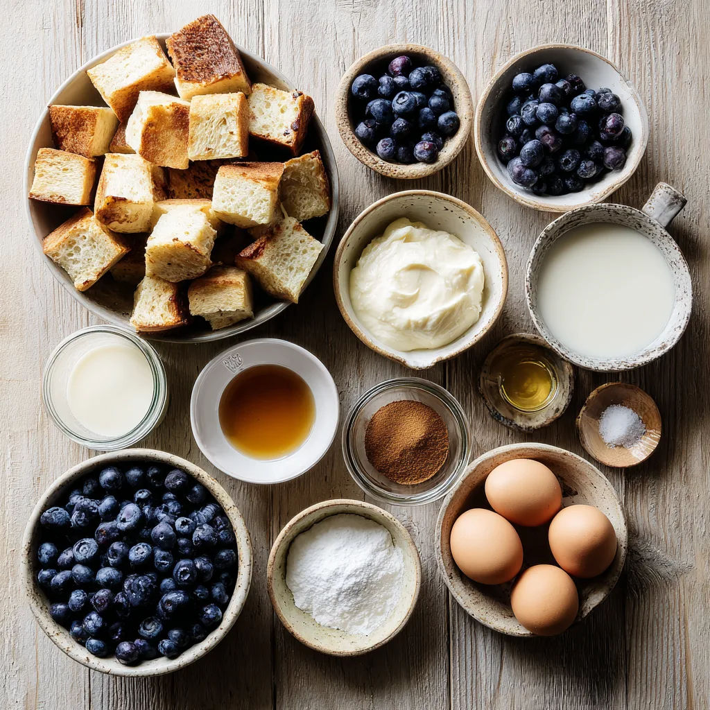 Blueberry French Toast Casserole Bliss: A Sweet Breakfast Casserole for Any Crowd 2 Ingredients for Blueberry French Toast Casserole including brioche, eggs, milk, and blueberries