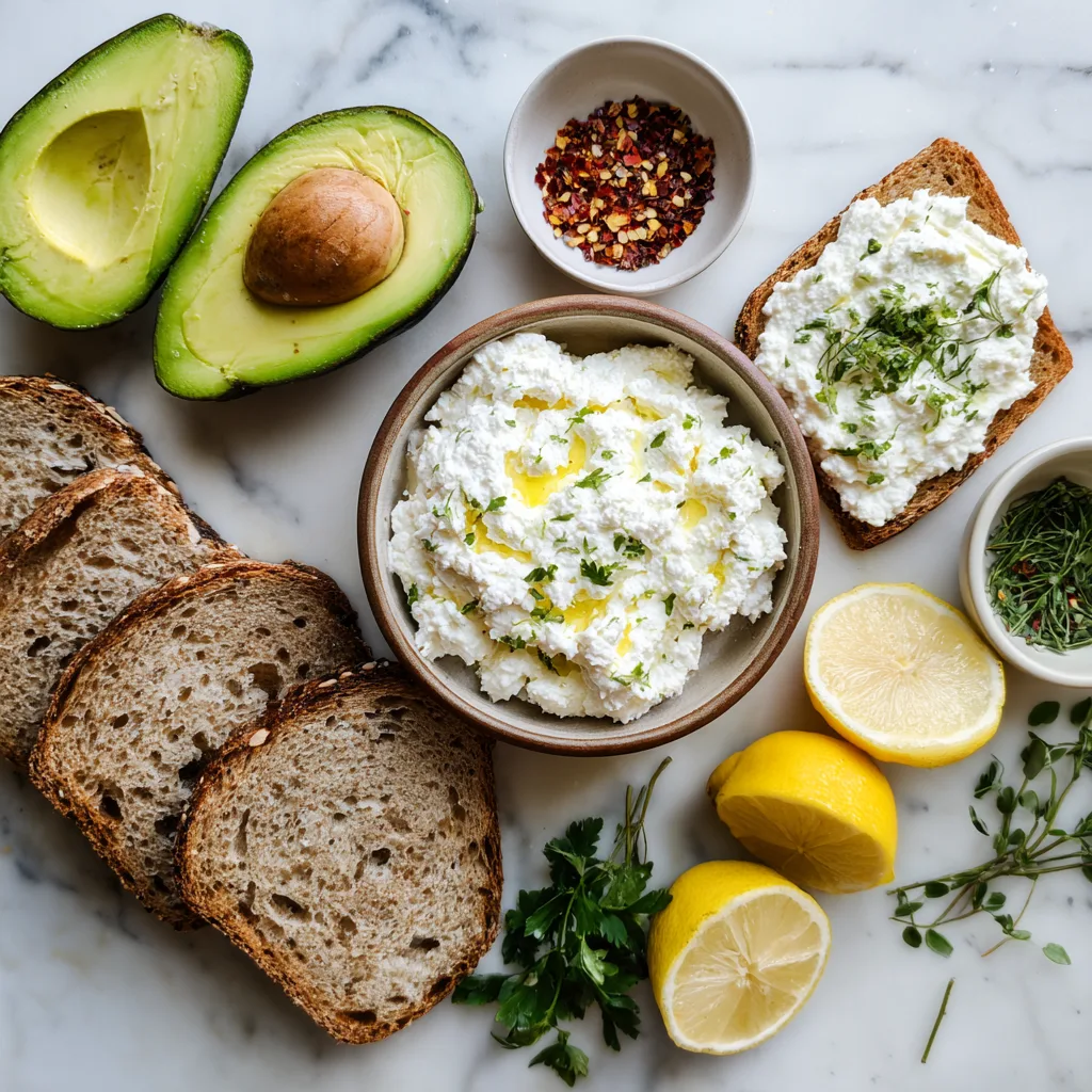 Ingredients for savory cottage cheese toasts with avocado arranged on marble background.