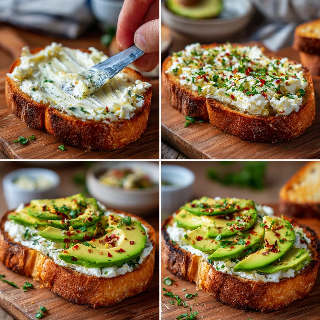 Step-by-step process of making savory cottage cheese toasts with avocado.