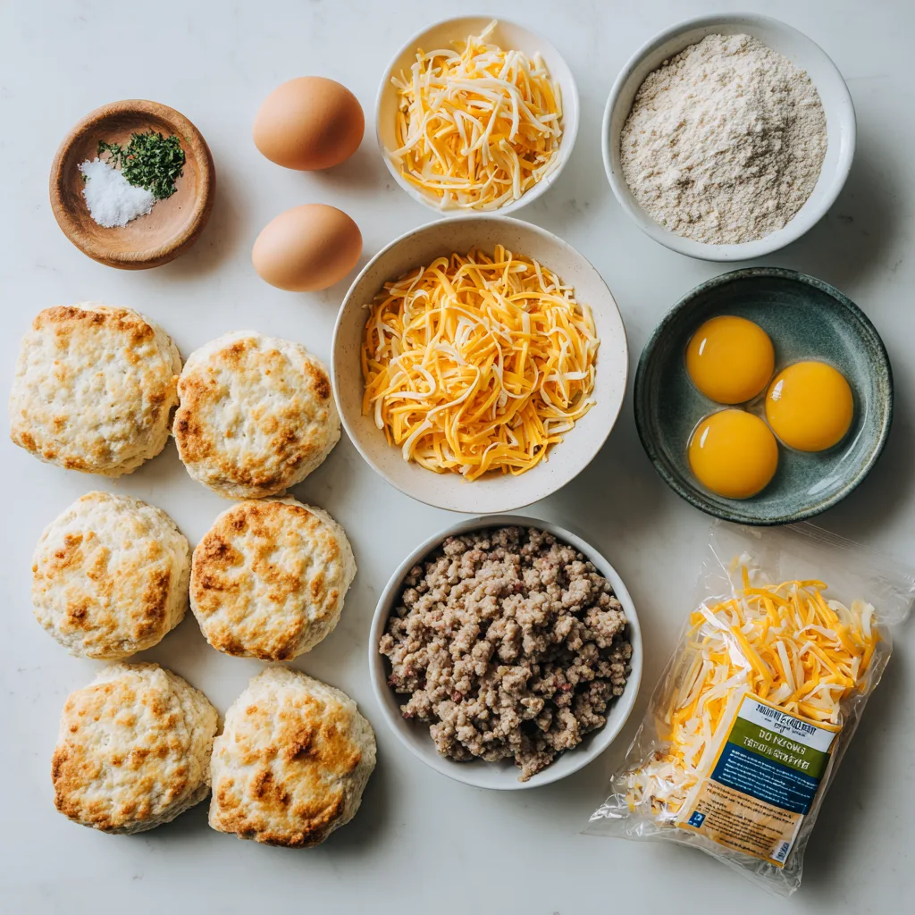 Ingredients for Sausage & Biscuit Breakfast Bake arranged on a surface
