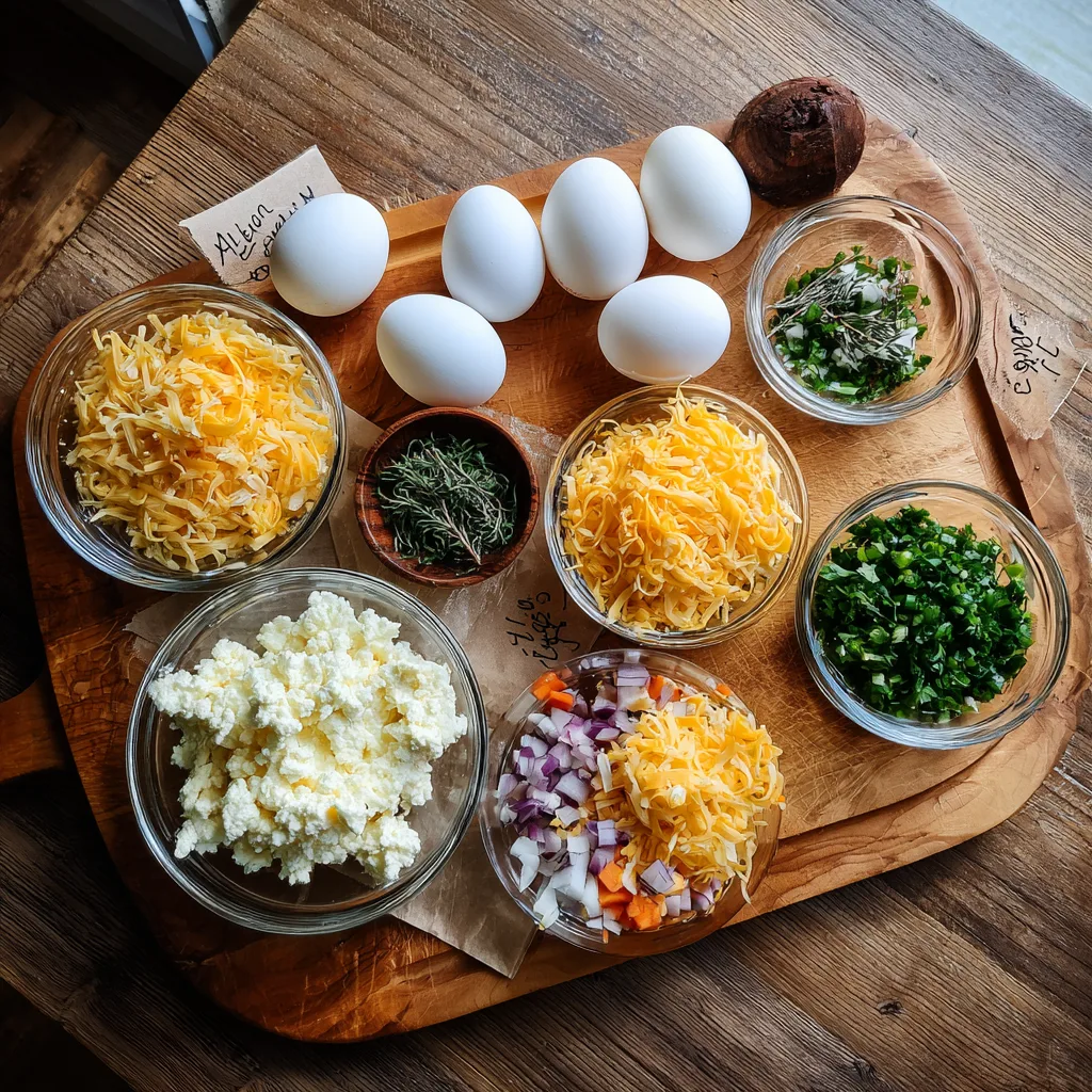 Ingredients for Cottage Cheese & Egg Breakfast Muffins neatly arranged on a wooden board.