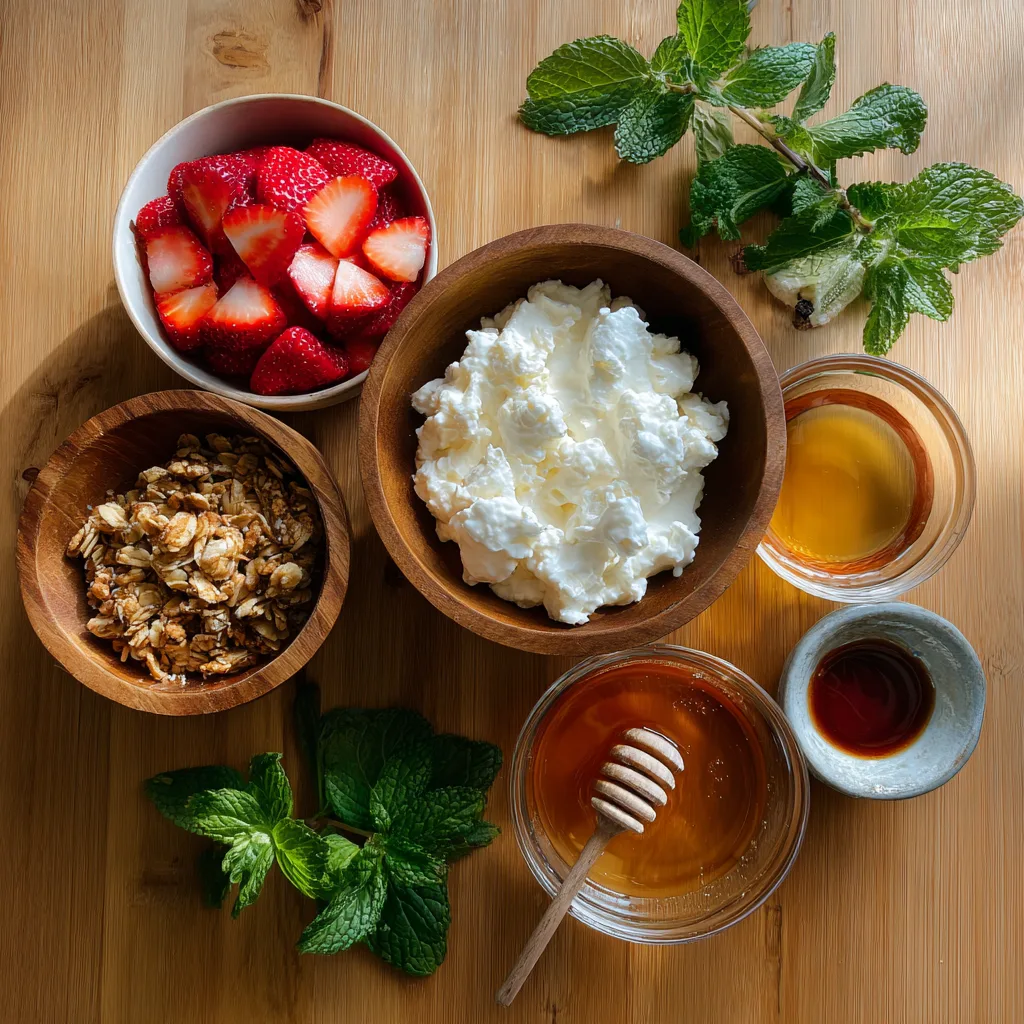 ingredients for strawberry cottage cheese parfait laid out on wooden table (Strawberry Cottage Cheese Parfait)