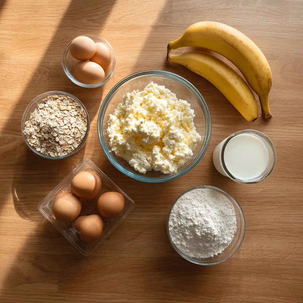 Ingredients for cottage cheese protein pancakes including oats, eggs, and cottage cheese.