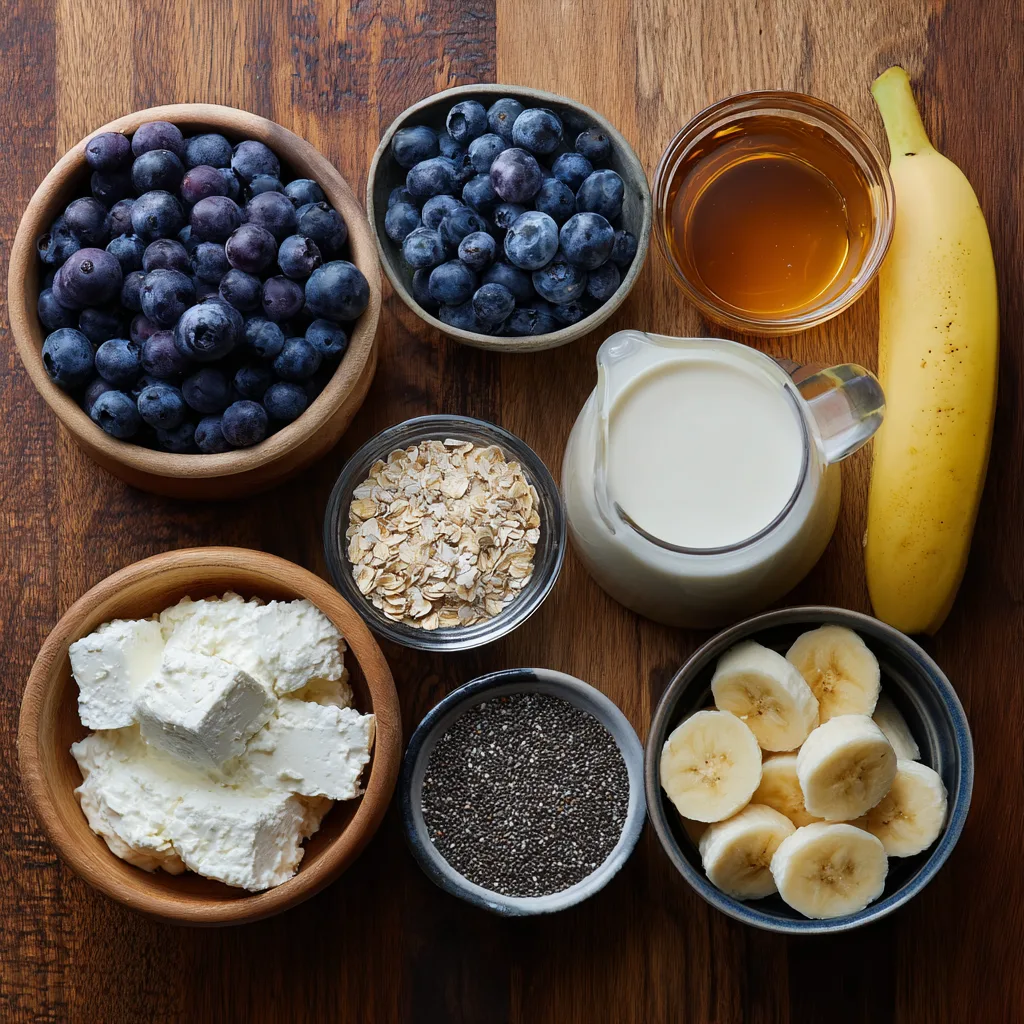 Ingredients for blueberry cottage cheese smoothie on wooden table