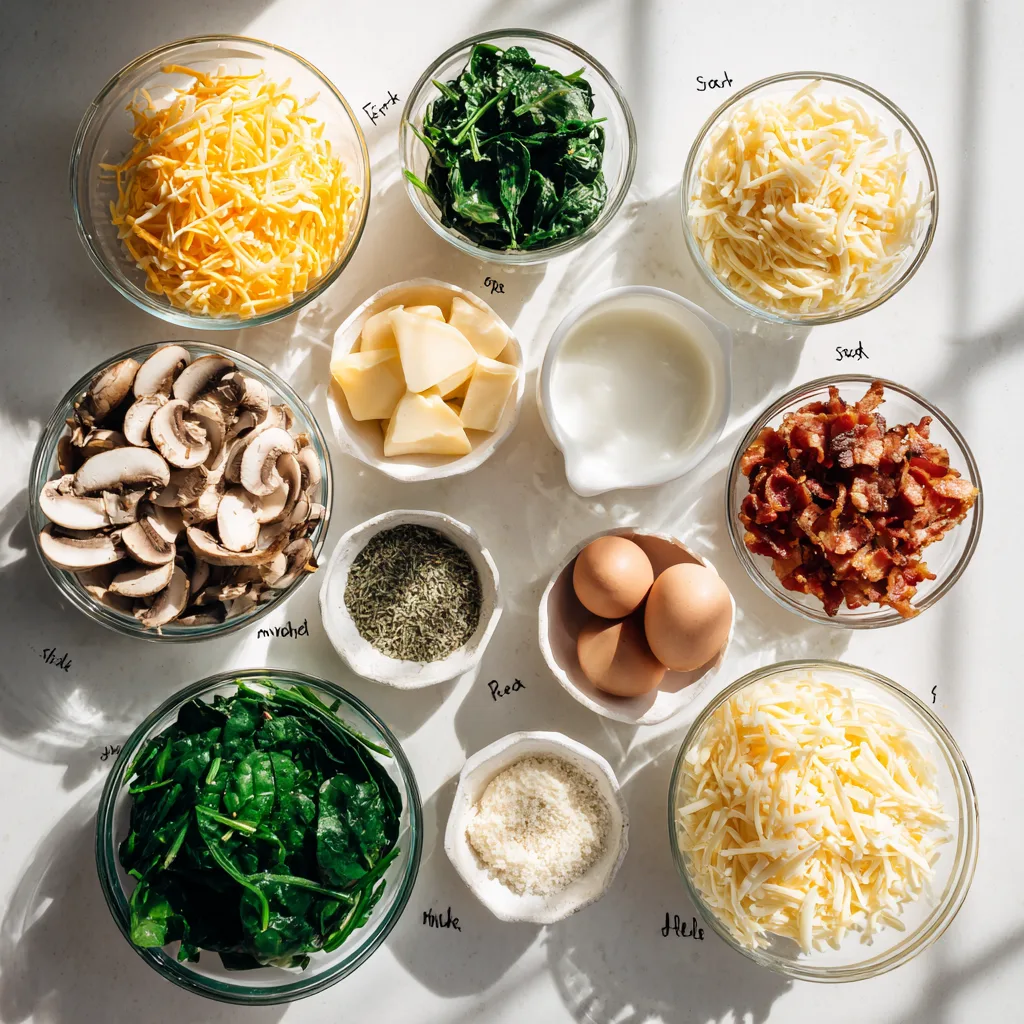 Mini Quiche Assortment (3 Ways) for the Ultimate Breakfast Casserole Alternative 2 ingredients for mini quiche assortment three flavors on white background