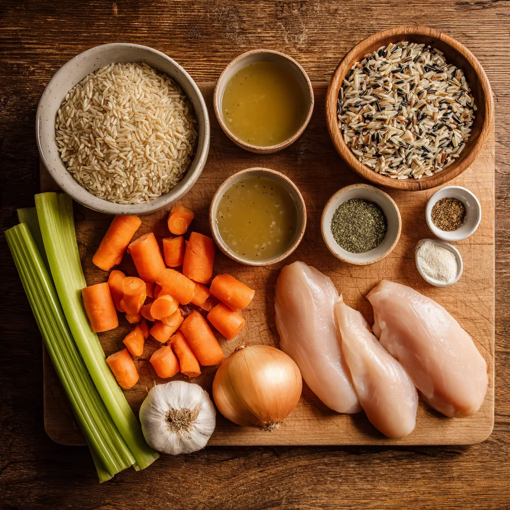 Ingredients for Slow Cooker Chicken & Wild Rice Soup on a kitchen counter