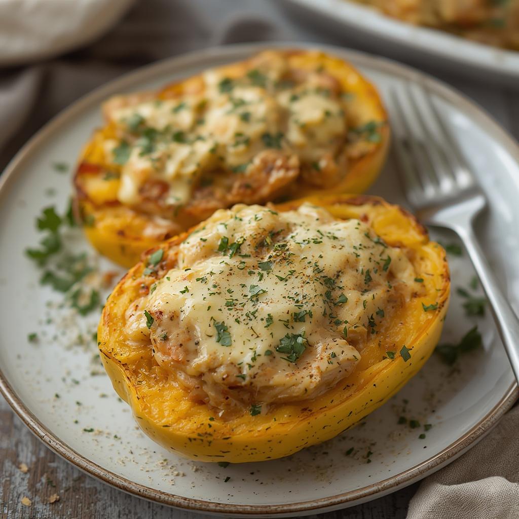 500 Calorie Chicken Alfredo Spaghetti Squash Boats