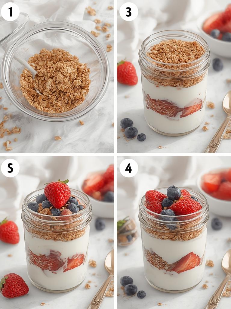 Layers of yogurt, fruit, and granola in a jar