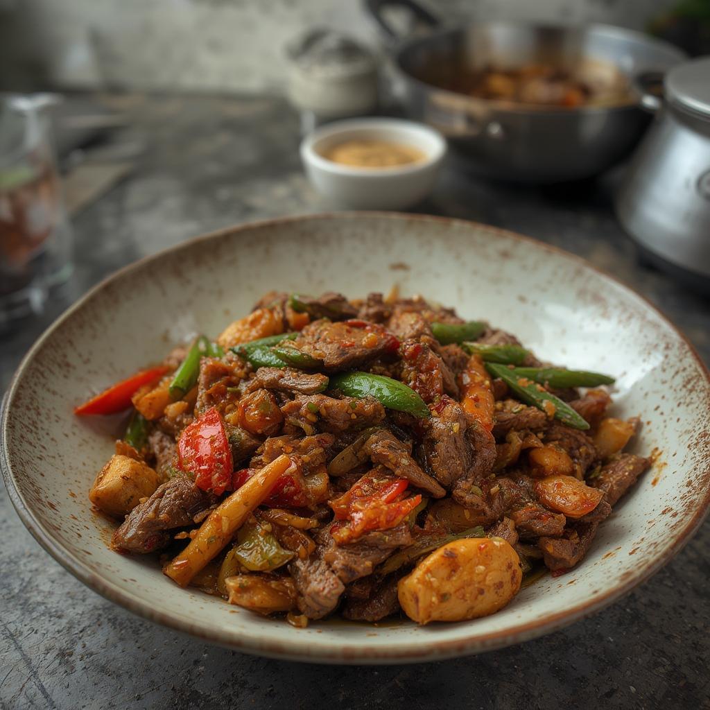 Finished beef stir-fry with rice