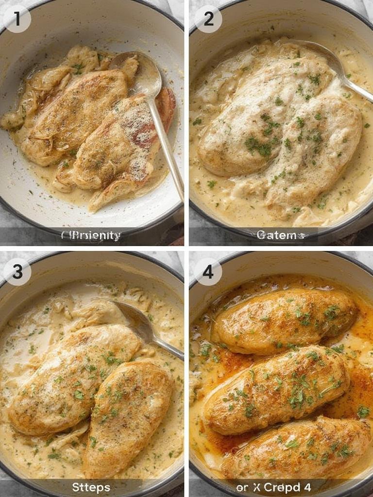 Creamy Garlic Chicken Breasts : Irresistibly Delicious & Easy Weeknight Dinner! 3 Searing chicken breasts in a skillet