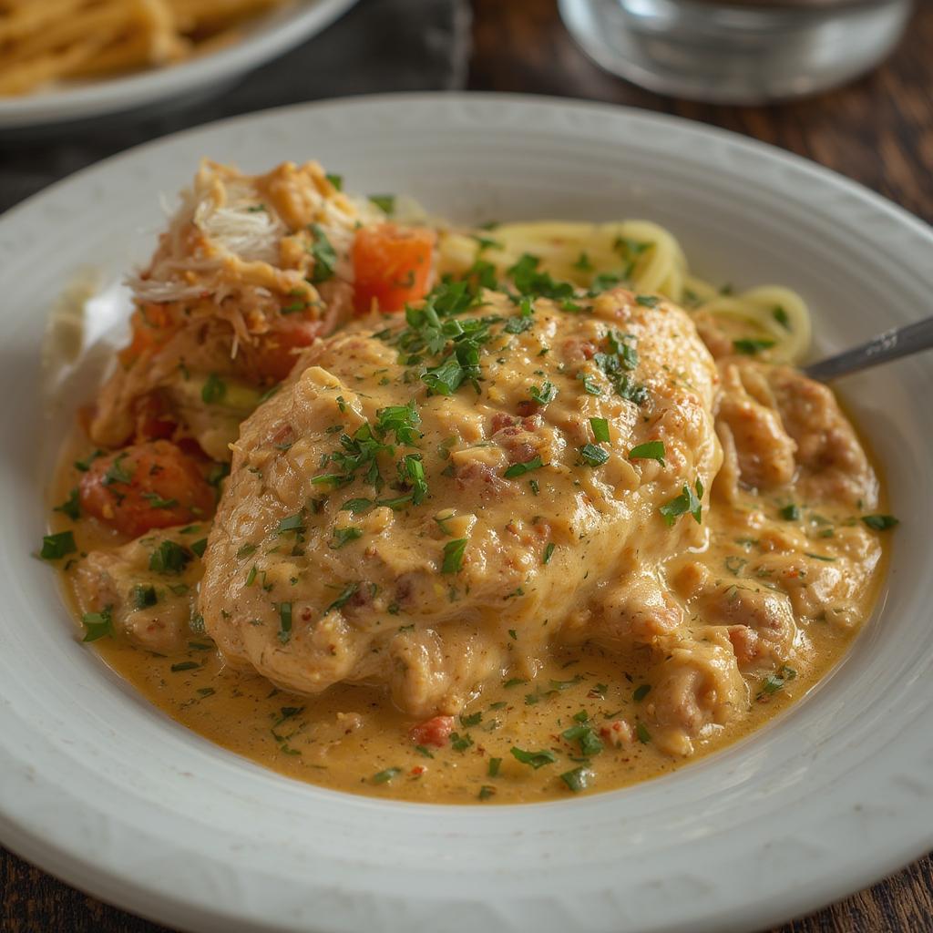 Finished Creamy Smothered Chicken dish with garnish
