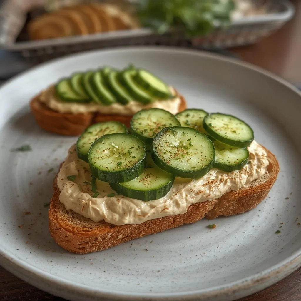 Easy hummus and cucumber breakfast toast.