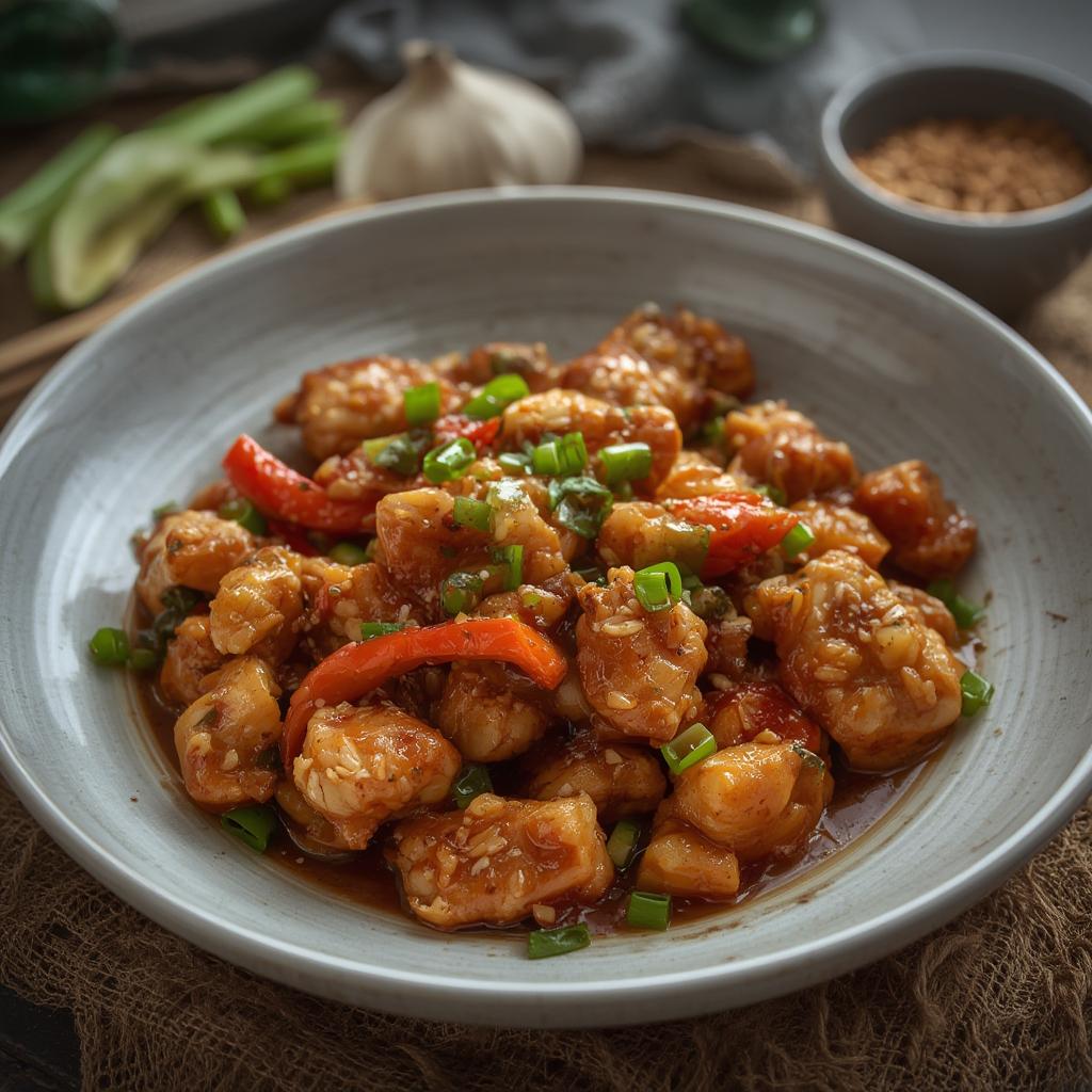 Honey Garlic Chicken Stir-Fry : Irresistibly Tasty & Quick Dinner Fix! 4 Finished Honey Garlic Chicken Stir-Fry served over rice with garnish
