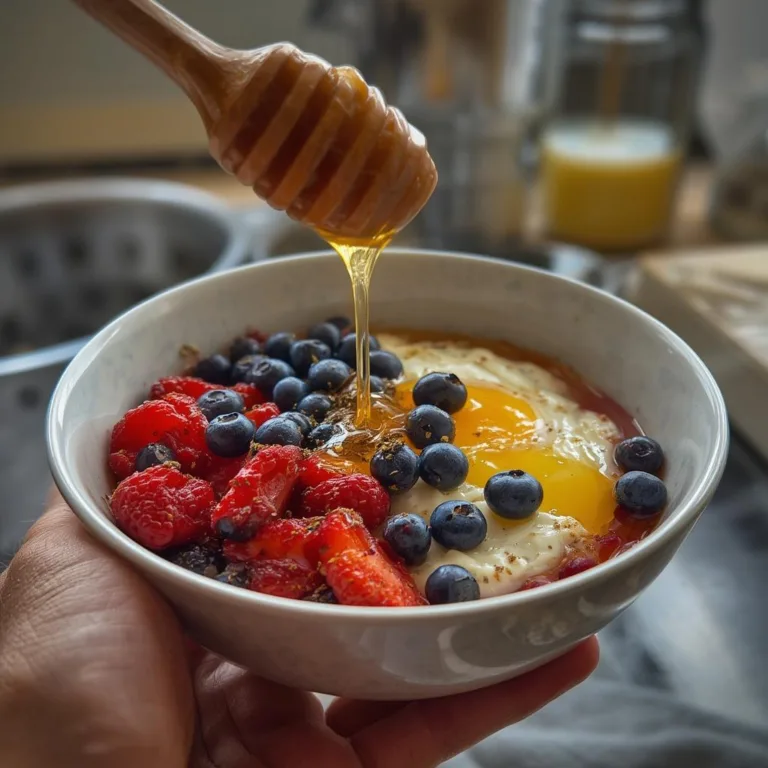 Quick cottage cheese and berry breakfast bowl with honey.