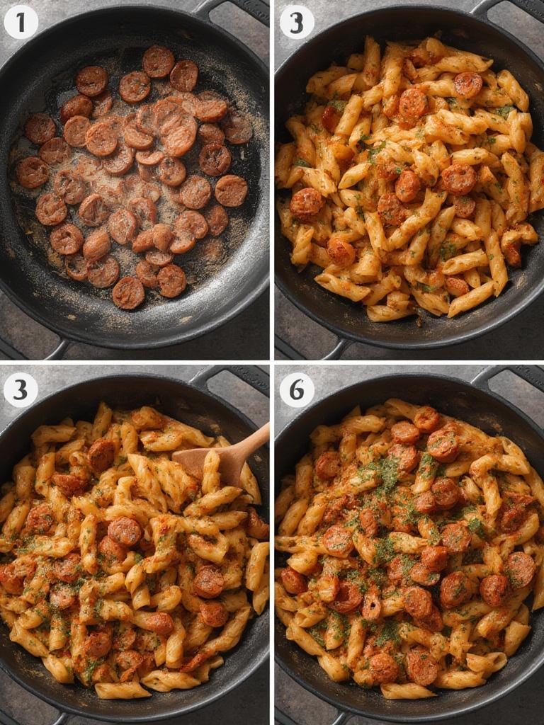 Irresistible Smoked Sausage Skillet Pasta : Quick & Hearty Comfort Dinner! 3 Cooking smoked sausage in a skillet