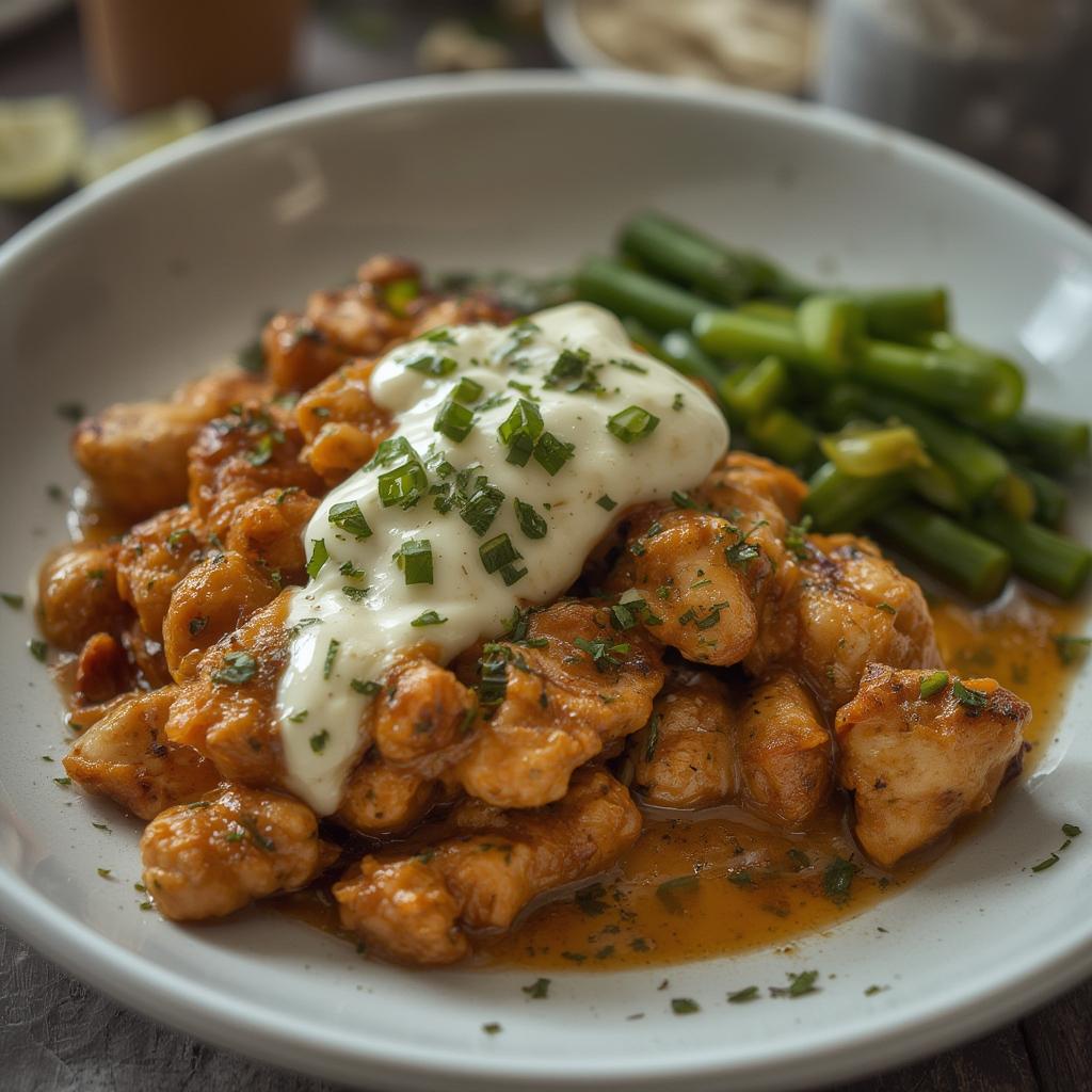 Finished Sour Cream Onion Chicken garnished with parsley