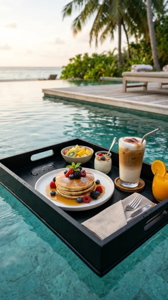A decadent floating breakfast on a sleek black tra 1d472b2782