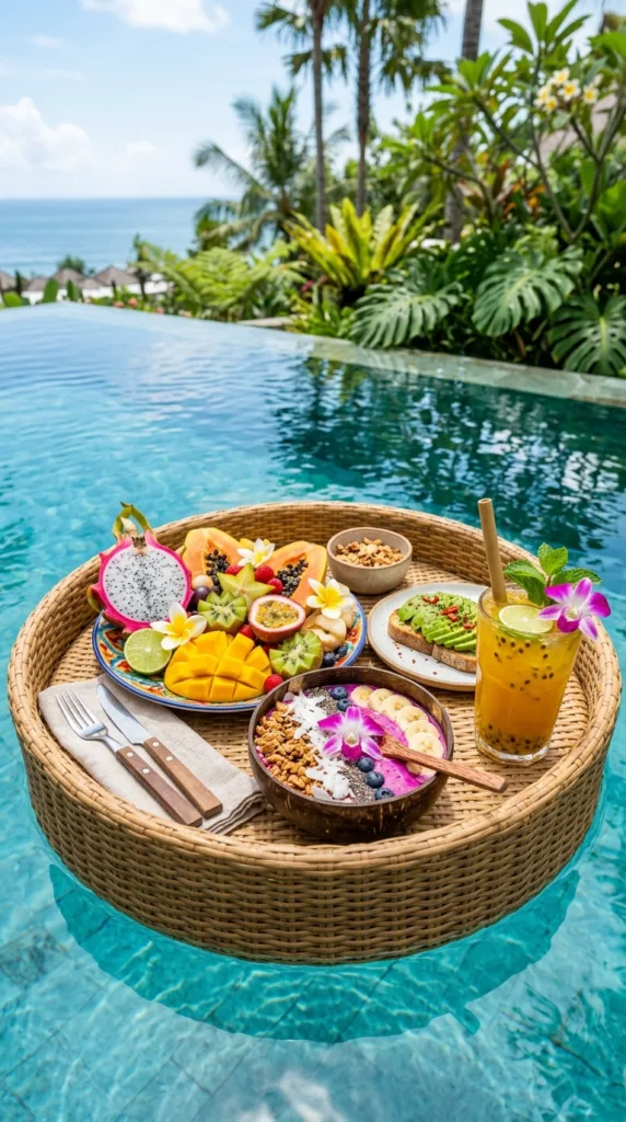 A vibrant tropical floating breakfast on a woven t 8b6ac4371d