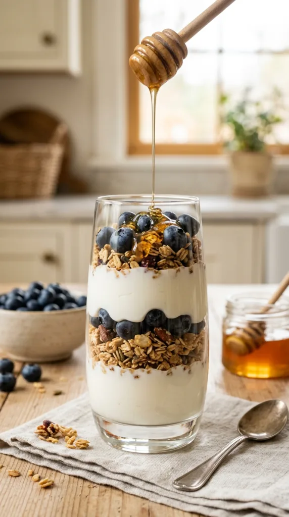 Layered yogurt parfait with honey 653840e919