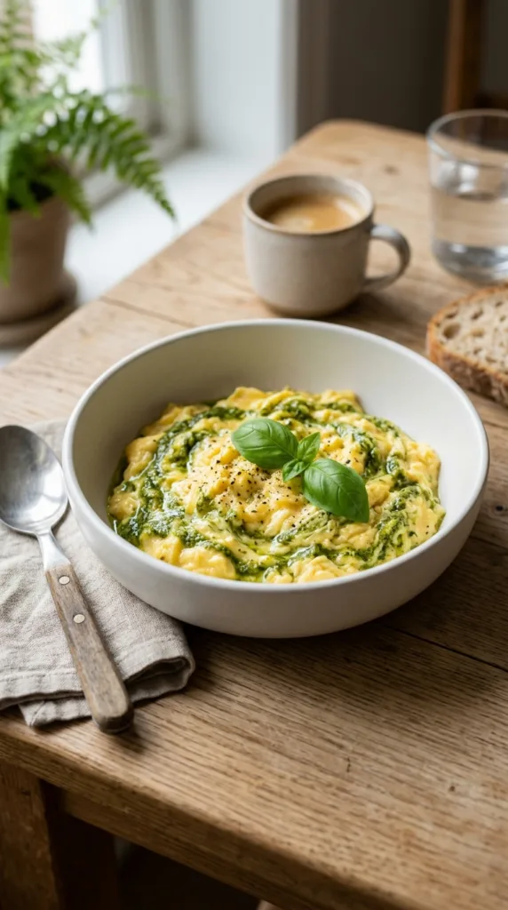 10 Quick & Easy High-Protein Egg Recipes for Busy Mornings (Savory Breakfast Ideas!) 2 Scrambled eggs with pesto 5392b85c1a
