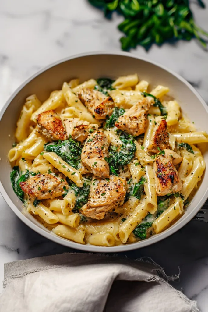 healthy garlic parmesan chicken pasta bowl