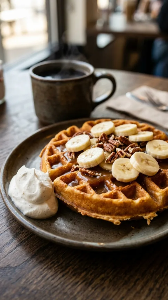 Golden waffle with caramel pecans 202605141516