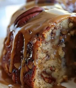 Apple Pecan Cake with Caramel Glaze 4 Slice of Apple Pecan Cake with Caramel Glaze on a plate.
