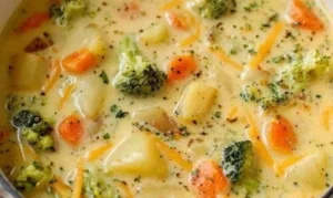 Bowl of creamy vegetable cheddar soup topped with fresh herbs.