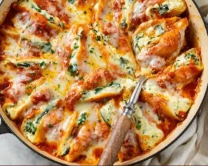 Classic Stuffed Shells 3 Plate of classic stuffed shells filled with ricotta cheese and topped with marinara sauce