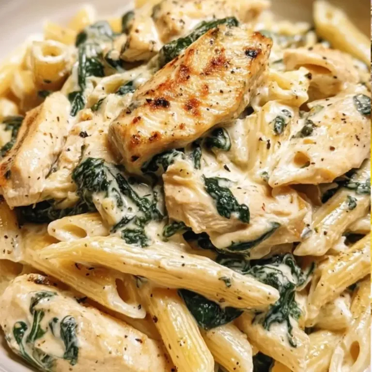 Cream Cheese Spinach Chicken Pasta dish garnished with parsley