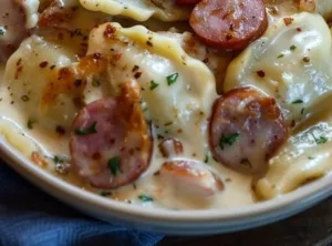 Crockpot pierogi casserole with kielbasa served in a bowl