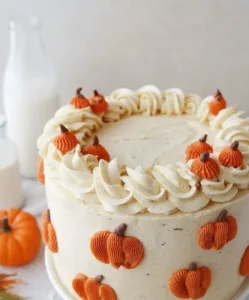 Frosted Pumpkin Cake 5 Delicious frosted pumpkin cake with creamy frosting and fall decorations
